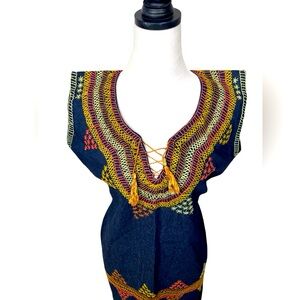 Handmade Tribal Native African Inspired Embroidered Denim Dress Large